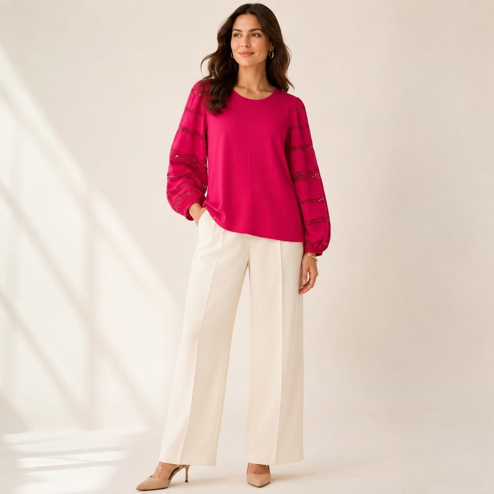 Chico's Cotton Balloon Sleeve Lace Trim Blouse Raspberry Pink Size 2 12 14